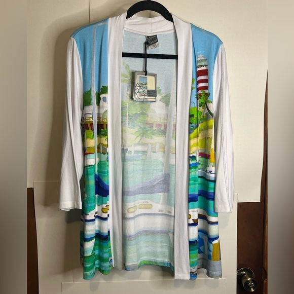 NWT Simply Art by Dolcezza Women’s Size M Colorful Coastal Lighthouse Cardigan - Picture 1 of 8